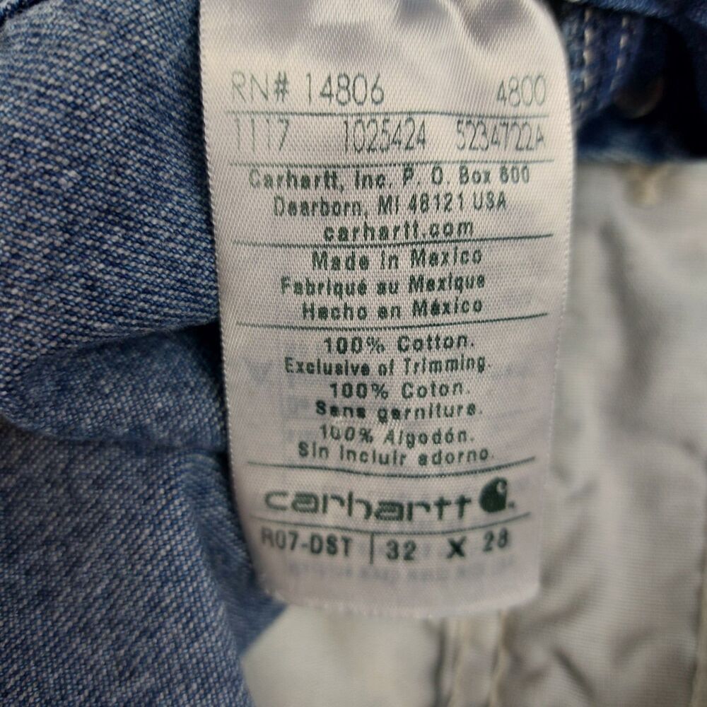 Carhartt Jean Bib Overalls Mens 32x28 (Fit 33x28) Blue Denim Work Wear R07-DST - Picture 6 of 8